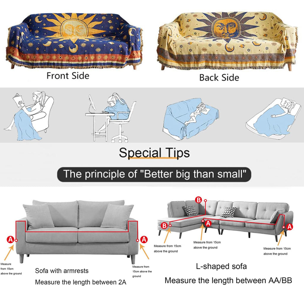 Hippie Throw Blanket Sun Moon Stars Boho Throw Blankets Celestial Tapestry Double-Sided Reversible Woven Cotton Home