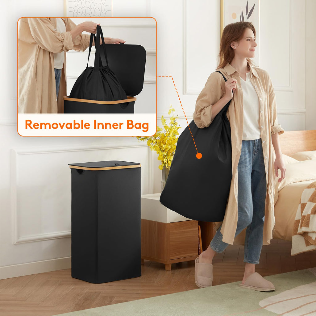 105L Large Laundry Basket with Lid, Removable Bags, Black