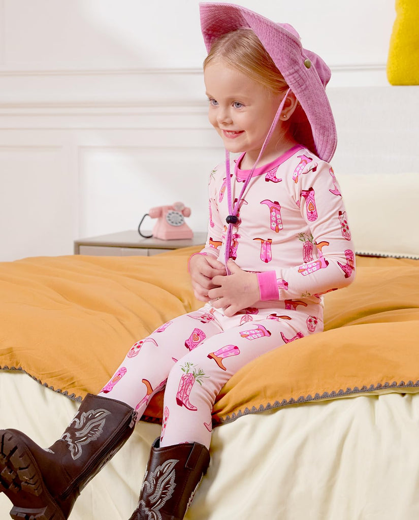 Bamboo Viscose Toddler Girls Kids Pajamas Pinky Boots Pjs Long Sleeve Snug fit 2pcs Soft Jammies