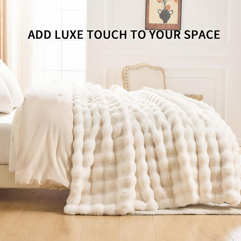 Bubble Faux Fur Twin Blanket for Couch, 60x80 Cream | Luxury Plush Fluffy Thick Blanket, Warm Soft Fuzzy Throw for