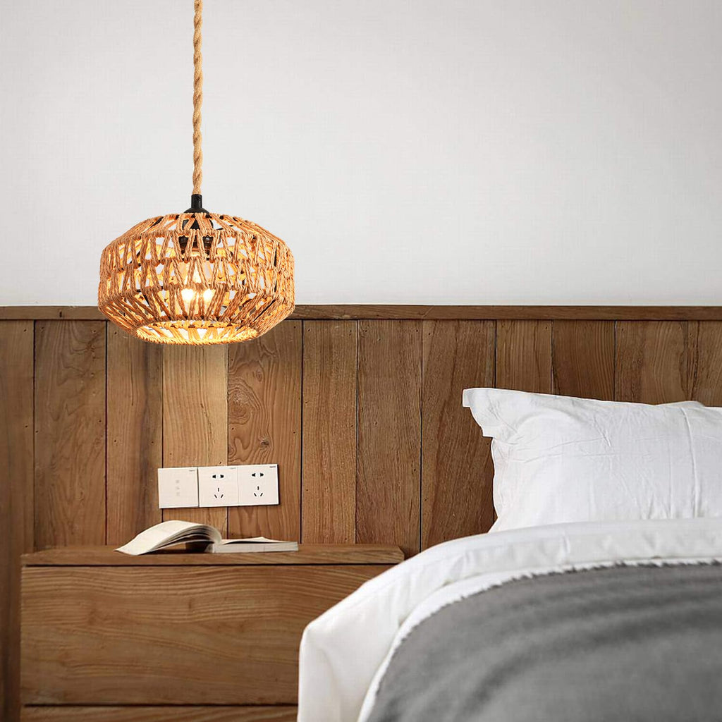 2 Pack Plug in Pendant Light Rattan Hanging Lamp with Switch, Mini Rattan Boho Semi Flush Mount Ceiling Light, Hand