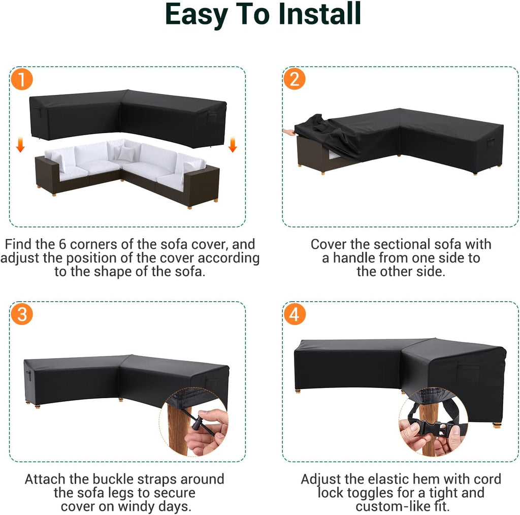 L-Shaped Patio Sectional Sofa Cover, Waterproof Outdoor Sectional Cover, Heavy Duty Garden Furniture Cover with Air