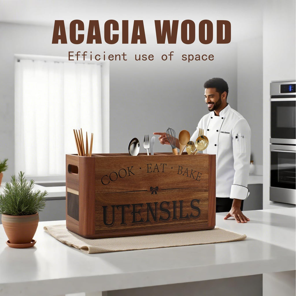 Utensil Holder Countertop - Extra Large 4 Compartment Wooden Organizer in Acacia Wood, Storage for Cooking Tools