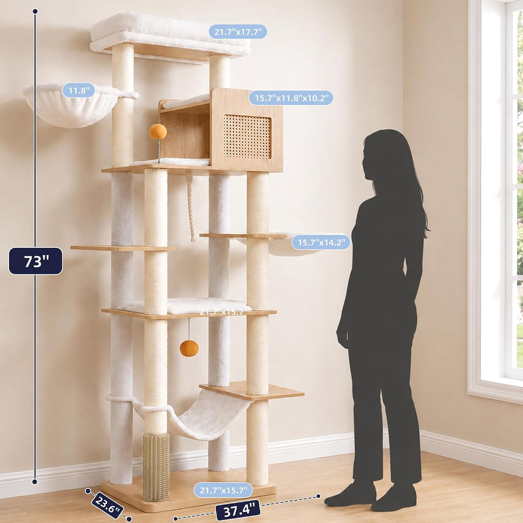 Wooden Cat Tree Tower with Rattan Condo, Big Platform