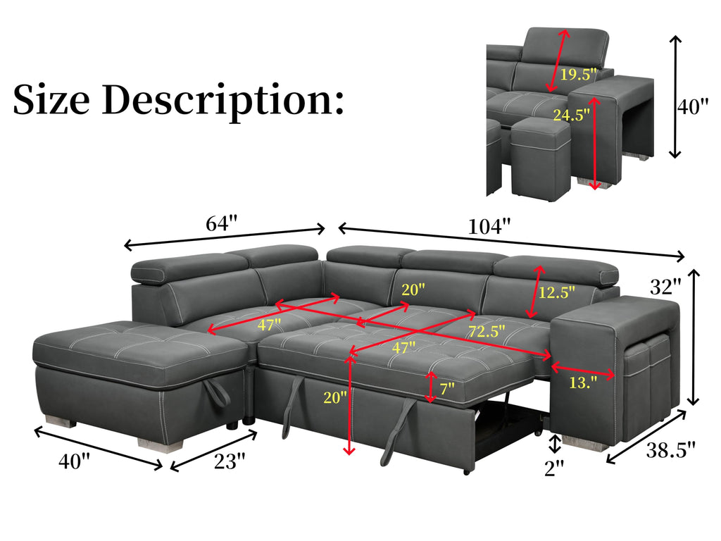 104'' Microfiber L Shaped Sectional Sleeper Sofa Couch with Pull Out Bed and Storage Ottoman, Convertible Couches