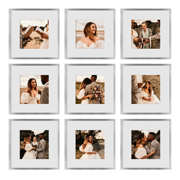 12x12 Picture Frame Set of 9, Display Pictures 8x8 with Mat or 12x12 without Mat, Multi Collage Gallery Square Photo