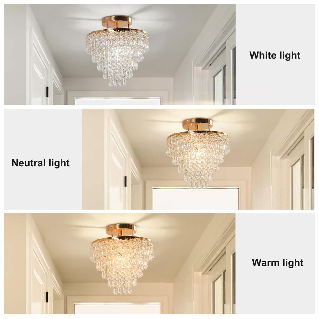 11.8 in Gold Crystal Chandelier, Flush Mount E26 Ceiling Light