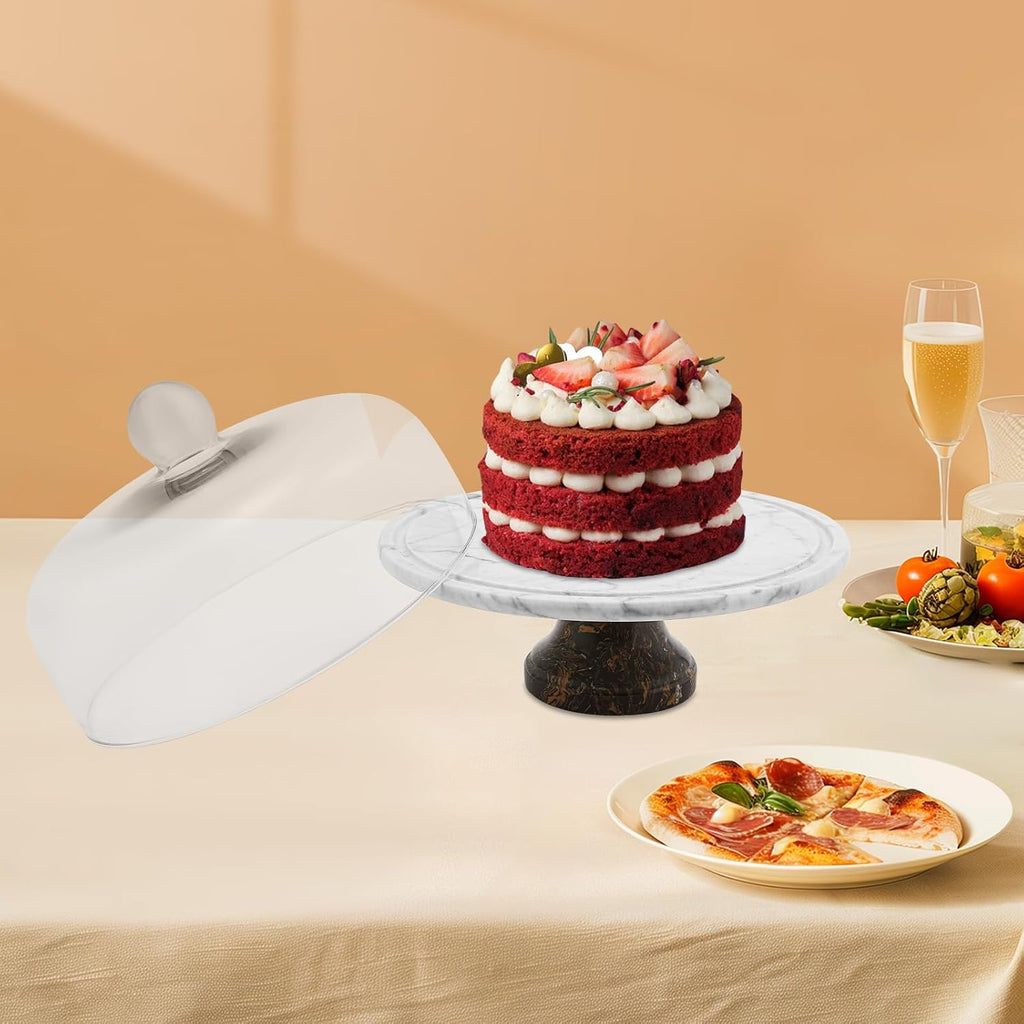 Marble Cake Stand with Dome Lid, 11.8In Diameter Groove Design 44LBS Bearing Nordic Polishing Marble Texture