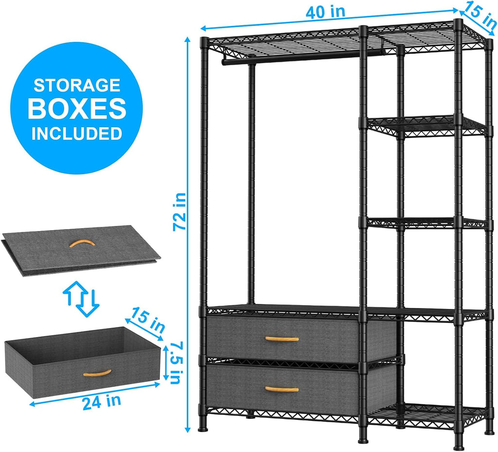 F3 Heavy Duty Clothes Rack(With Fabric Drawers)Freestanding Clothing Racks for Hanging Clothes,Adjustable Closet