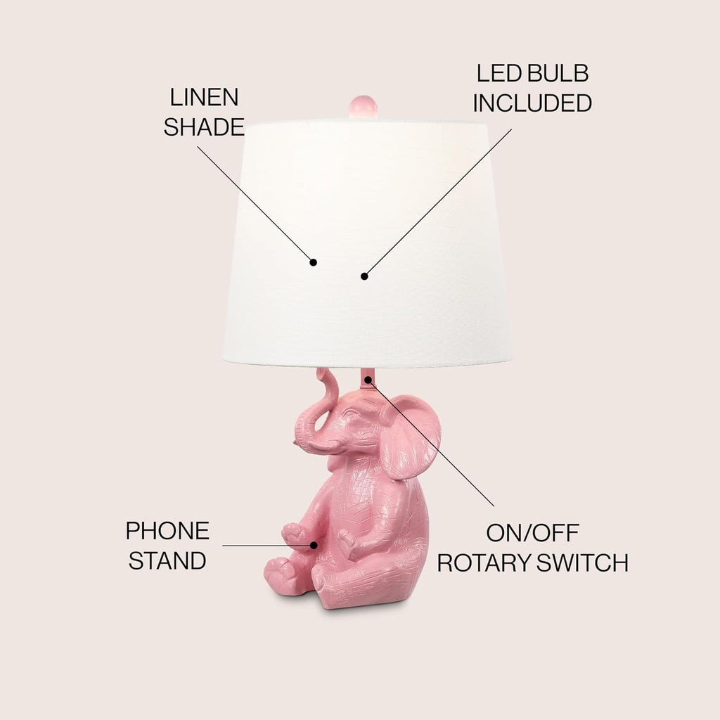 Kairi Elephant Kids 21" Animal Metal Resin Table Lamp, Pink