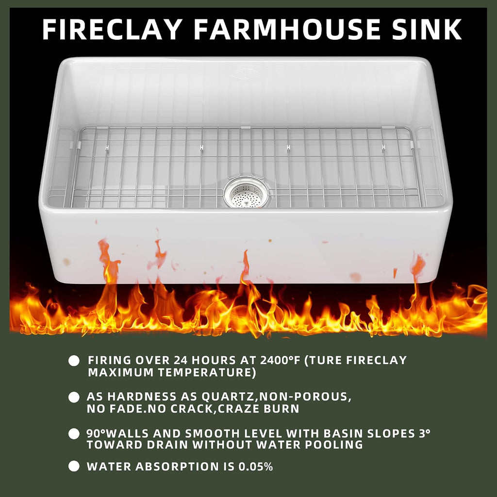 White Farmhouse Sink 36 inch Fireclay Farm Sink Apron Front Single Bowl Kitchen Sinks Deep Large Capacity Porcelain