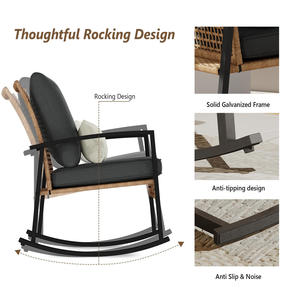 3 Piece Patio Rocking Chairs Set of 2, Outdoor Rocking Chair Bistro Set with Tempered Glass Coffee Table and Thick