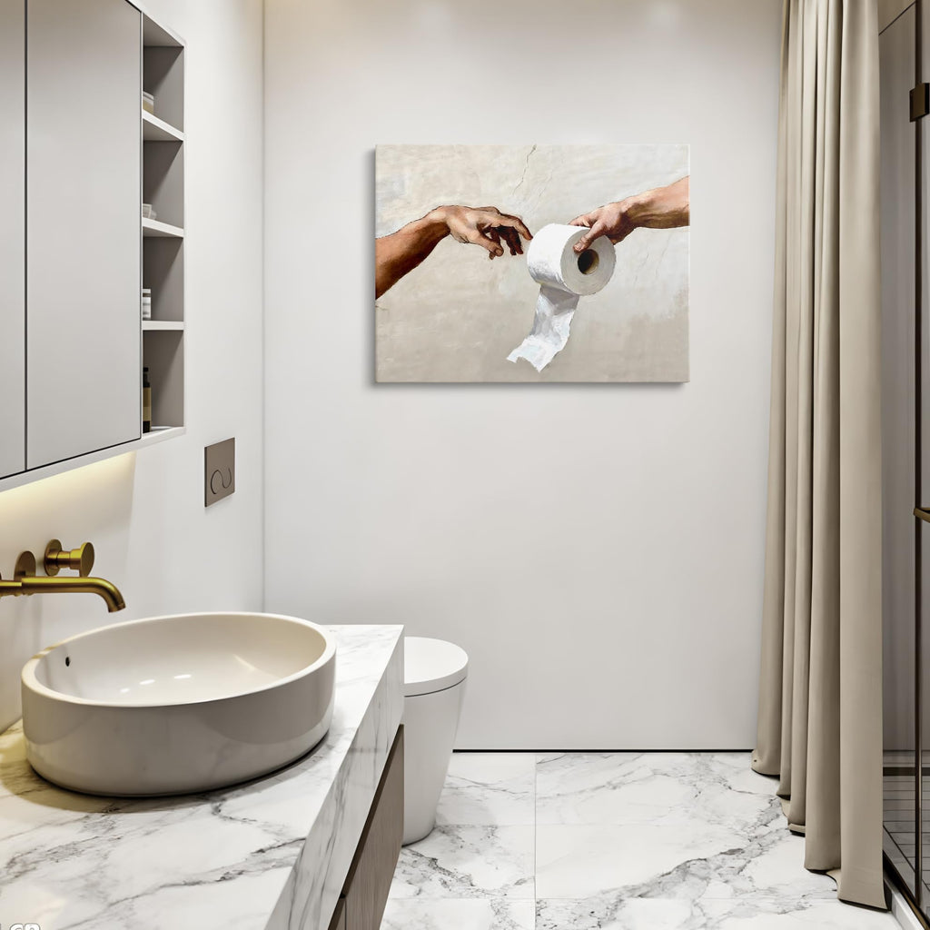 Funny Toilet Paper Wall Art, Michelangelo's Creation of Adam Parody with Toilet Paper Roll, Humorous Bathroom Canvas