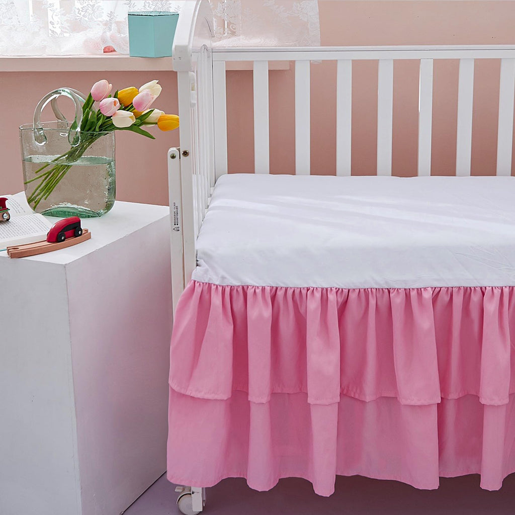 Pink Crib Bed Skirt 14 in Deep Drop Dust Ruffle Double Layer Microfiber Nursery Bedding Skirt for Baby Girls