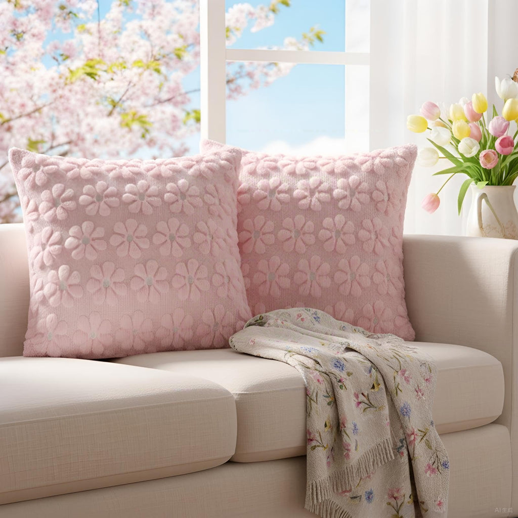 Spring Decorative Throw Pillow Covers 20 x 20 Inch Set of 2, Farmhouse Summer Floral Daisy Soft Faux Fur Cushion