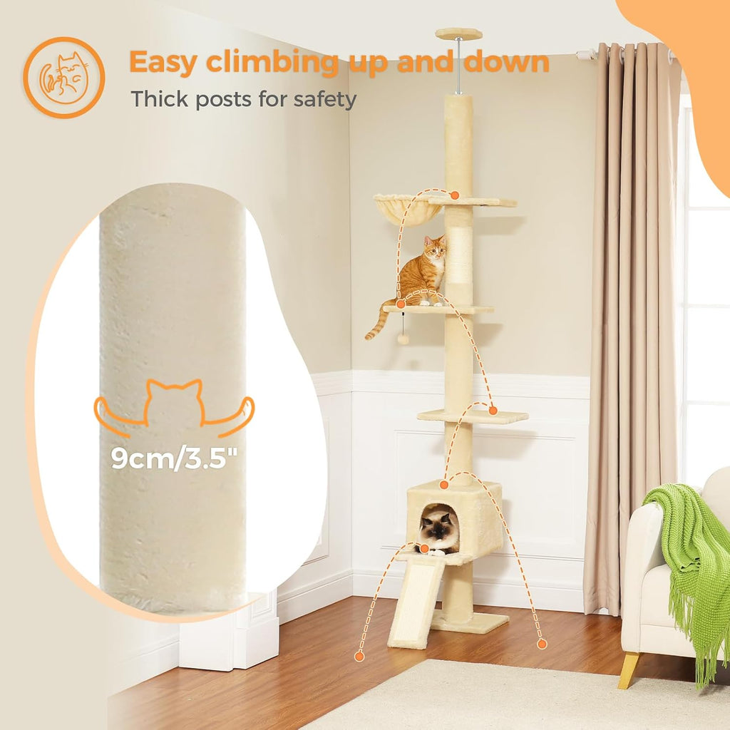 Floor to Ceiling Cat Tree, Adjustable 83-108in 5-Level Tower, Beige