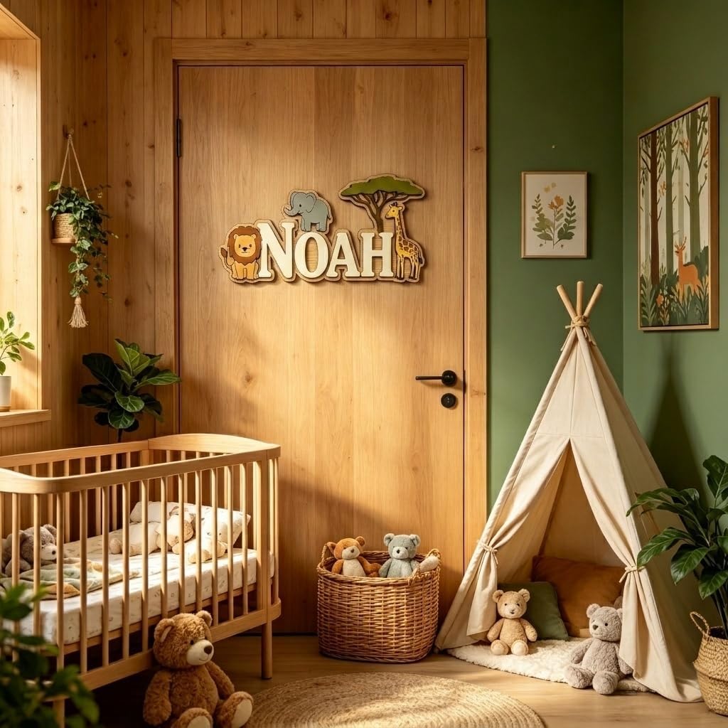Personalized Safari Wooden Name Sign for Kids Room, Custom Jungle Animal Name Wall Decor, Nursery Name Sign, Baby