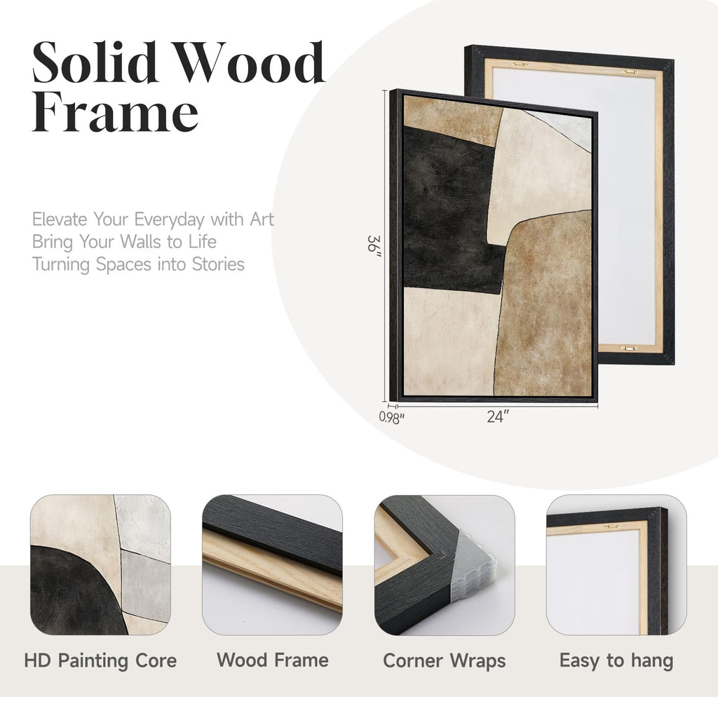 Framed Beige Black Mid century Abstract Wall Art, 24x36 In