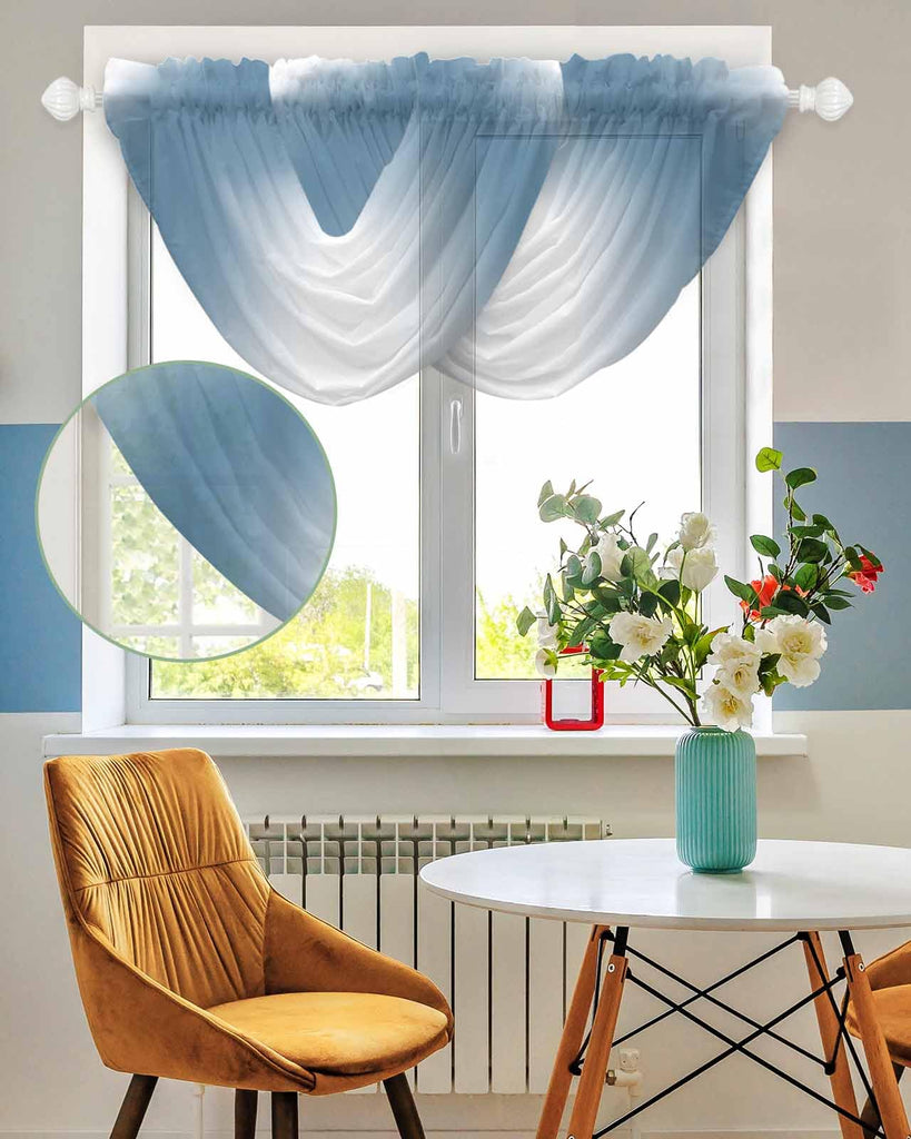 Blue Waterfall Valance Curtains Blue Ombre Sheer Swag Valances for Window, Gradient Blue and White Rod Pocket Elegant