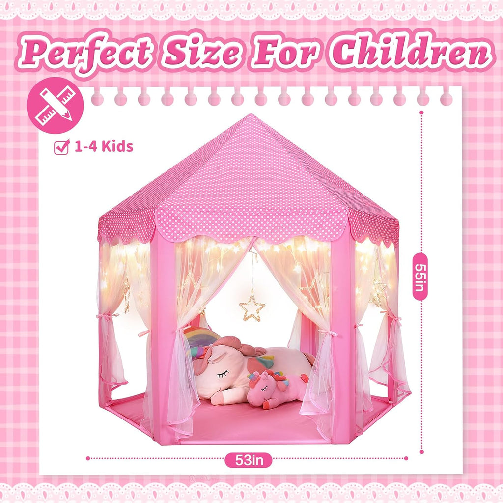 Princess Castle Play Tent for Girls - Large 55'' x 53'' Playhouse with Star Lights for Indoor and Outdoor Play