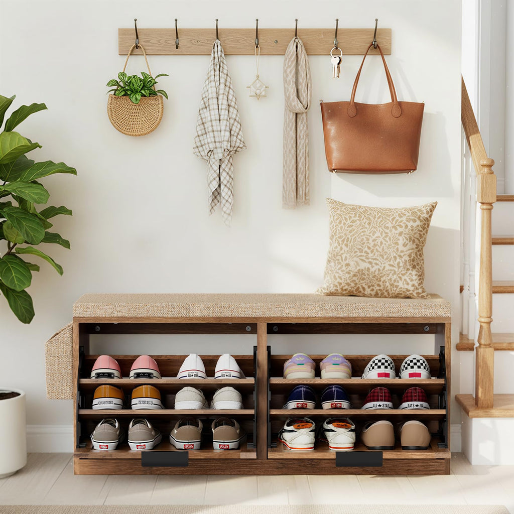 40'' Shoe Storage Bench, Entryway Bench with Shoe Storage & 2 Flip Drawer & Seat Cushion, Rattan Hidden Shoe Rack
