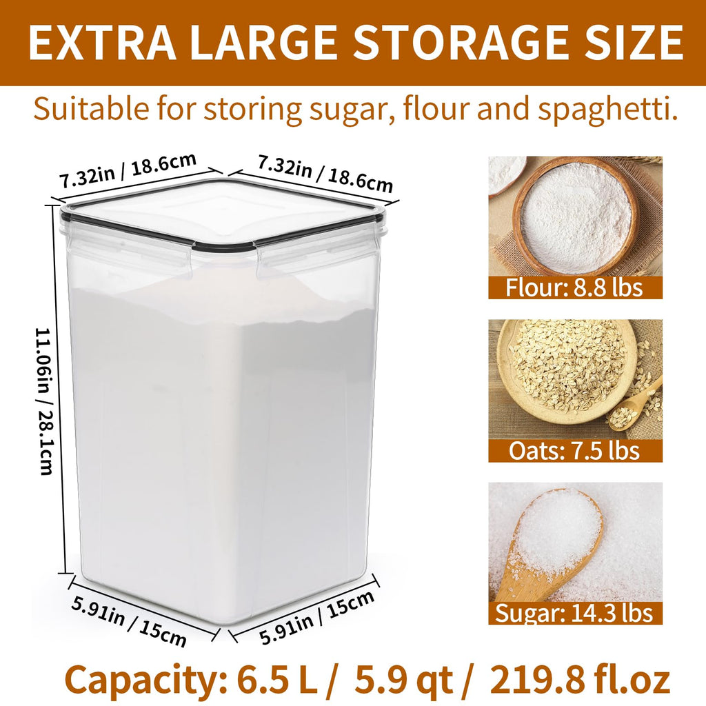 4 Pack Extra Large Airtight Food Storage Containers with Lids (6.5L / 220 oz), BPA Free Plastic Kitchen and Pantry