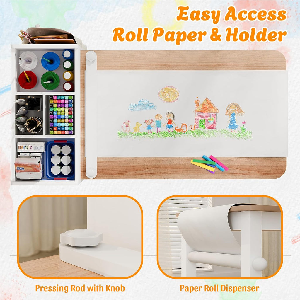 Kids Art Table and Chair Set with 2 Chair & Bins, 40" L x 20" W, Natural
