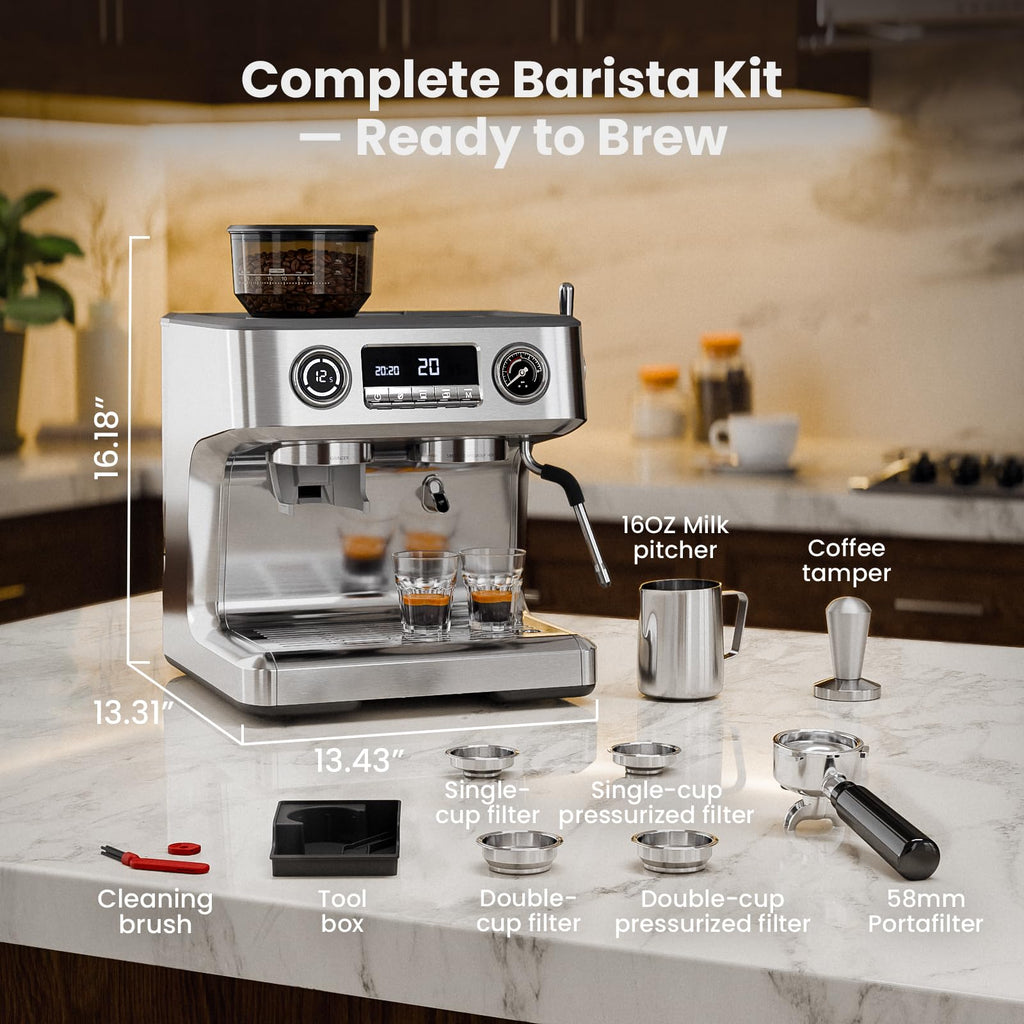 20 Bar Dual Boiler Espresso Machine with Grinder & Milk Steamer