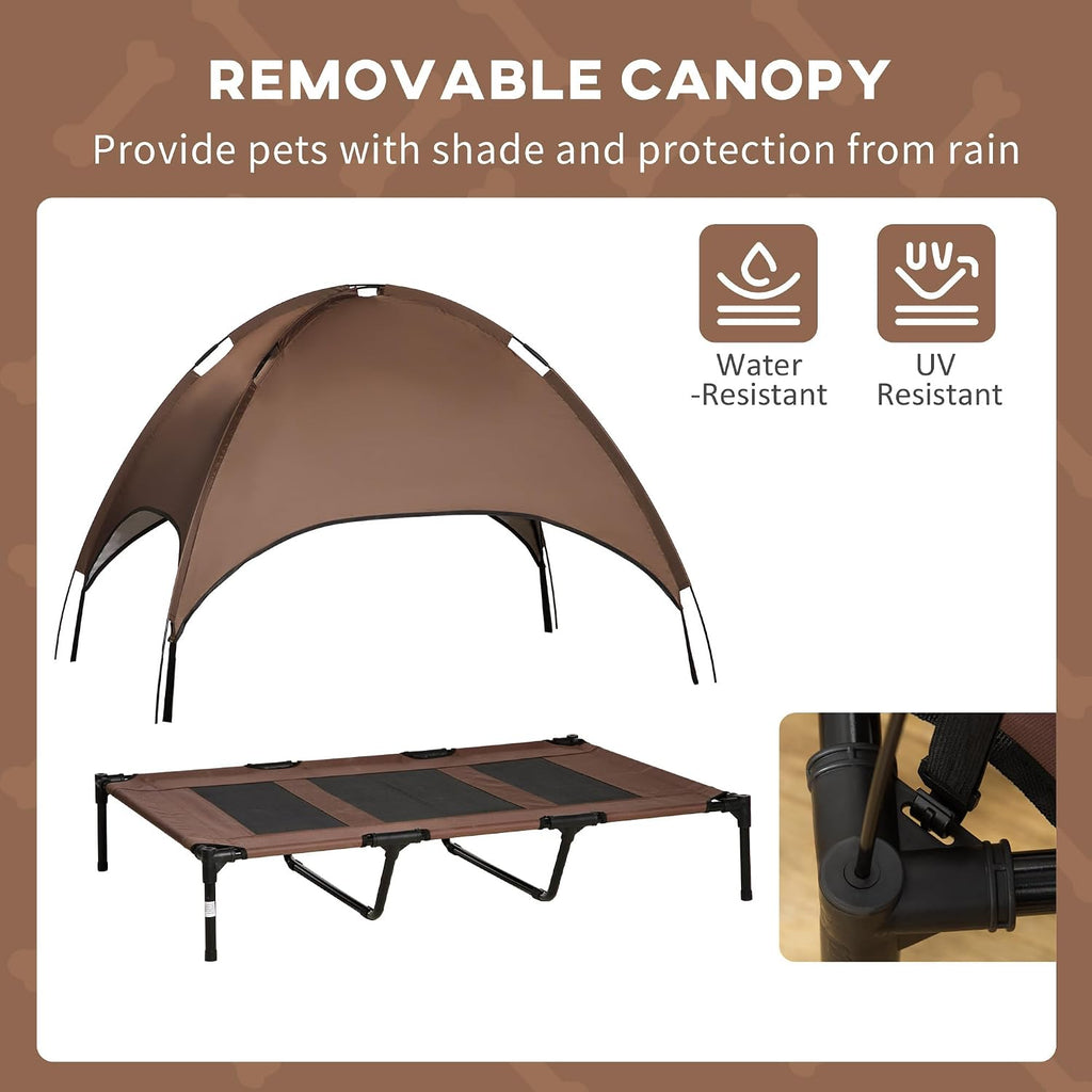 Metal Pet Bed, Coffee, Elevated Dog Bed with Removable Canopy, Outdoor Dog Cot with UV Canopy Shade, 48 x 36.3 x 42.5