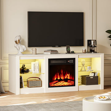 For 65" TV, TV Stand with 18" Electric Fireplace, Entertainment Center with Glass Shelves, LED Lights and Power