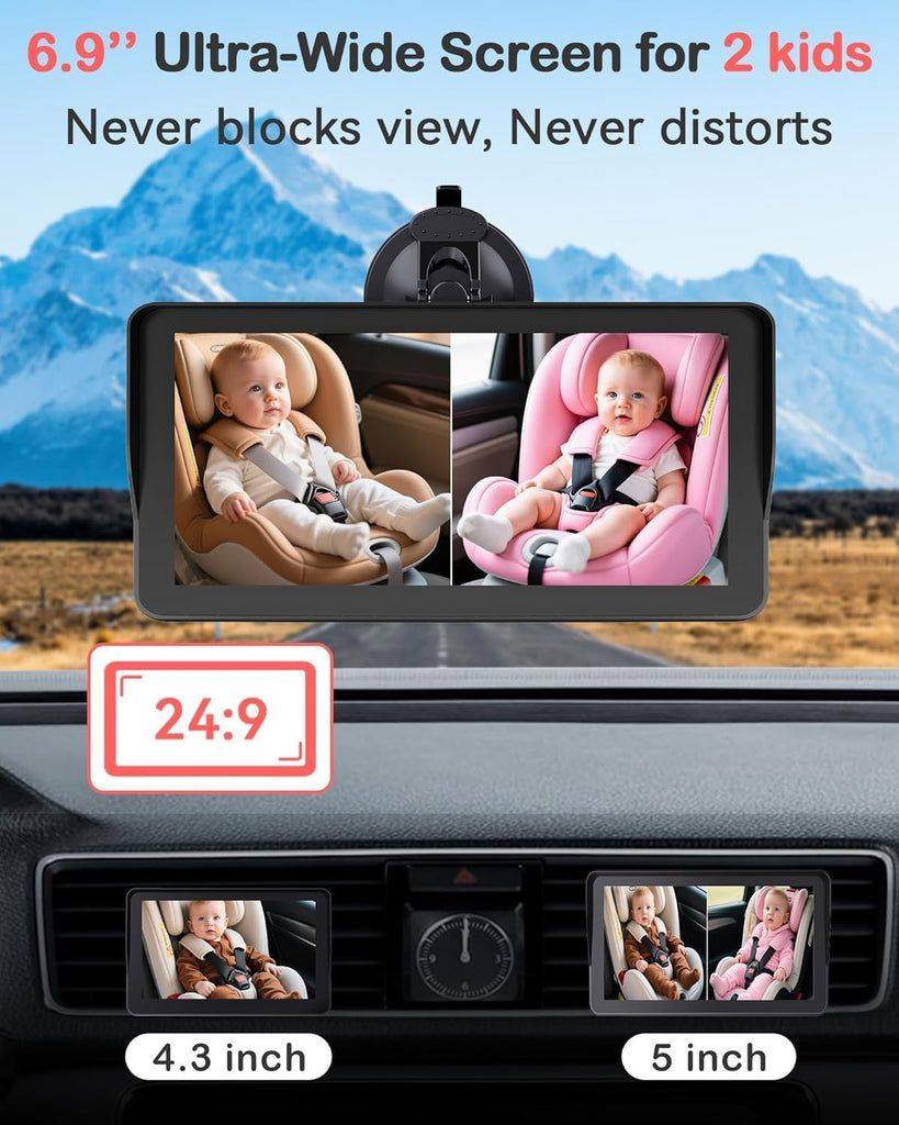 Dual Baby Car Camera HD 1080P: 6.9" Split-Screen Monitor for 2 Kids & Twins