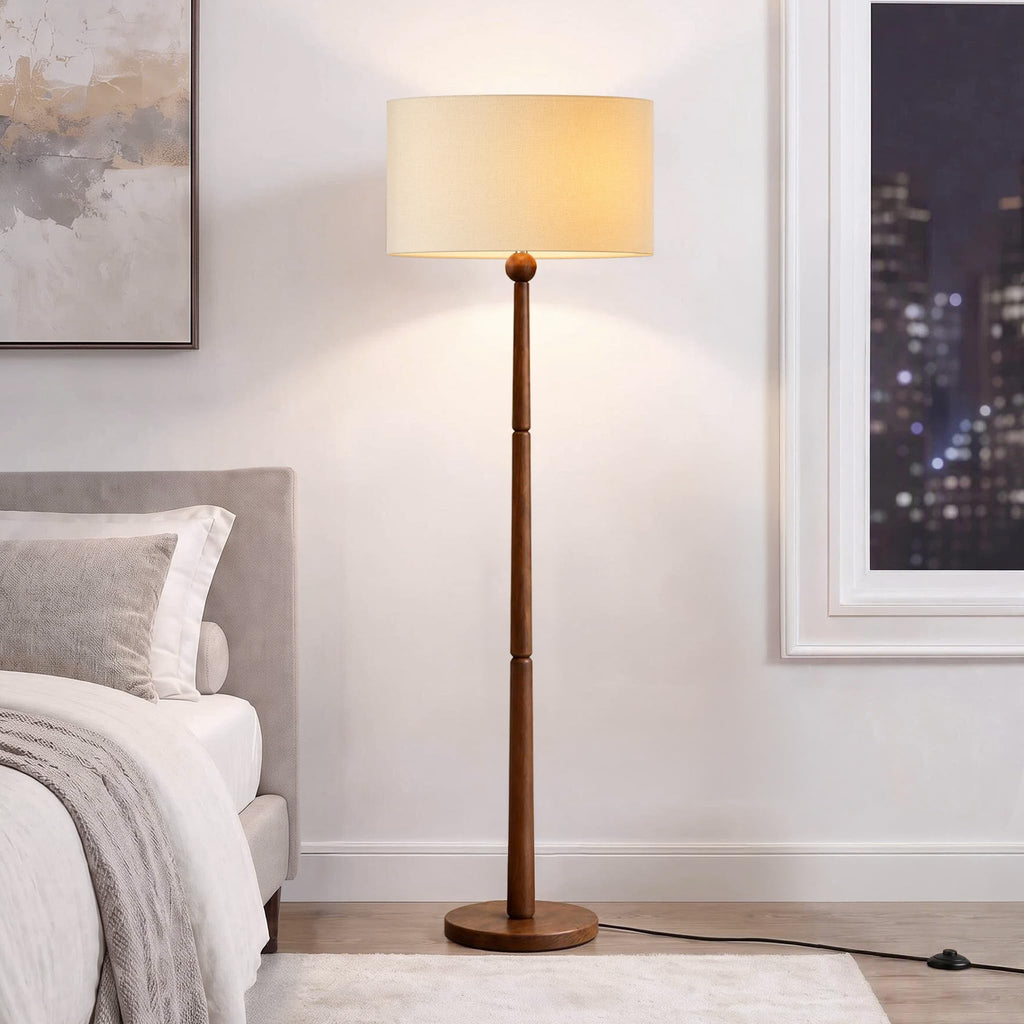 65 Inch Single Ball Walnut Wood Floor Lamp with Linen Shade, Beige