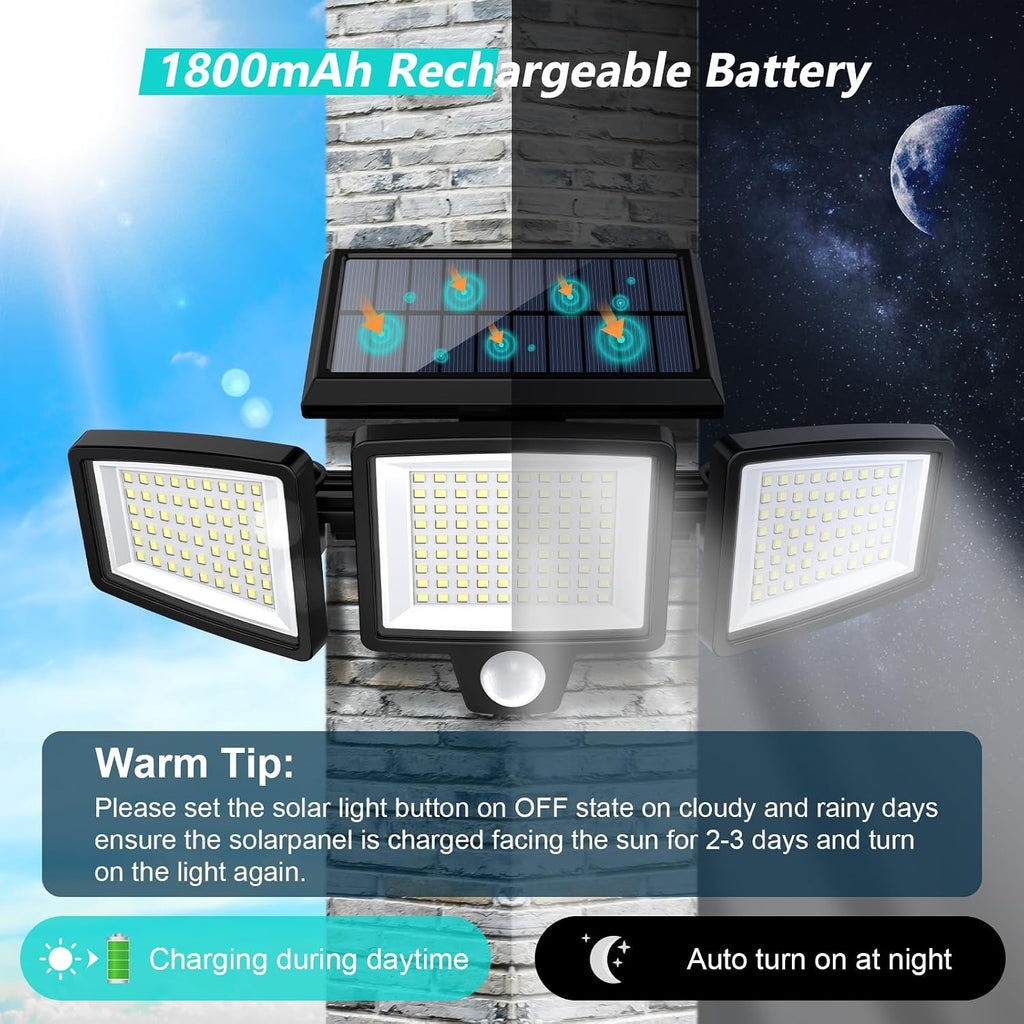 Solar Outdoor Lights 2500LM 210 LED Security Lights with Remote Control,3 Heads Motion Sensor Lights, IP65