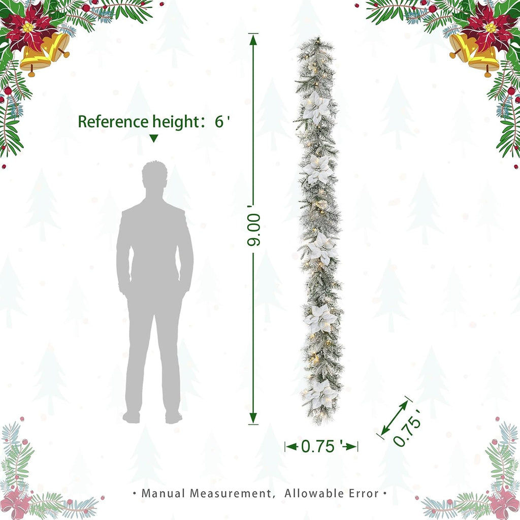 For Mantle, Pre-Lit Snow Flocked Greenery Garland Poinsettia Pine Garland with 50 Warm White Lights and Timer