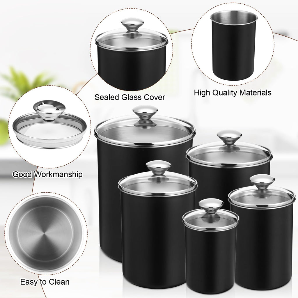 5 Pcs Stainless Steel Canister with Glass Lids, Black
