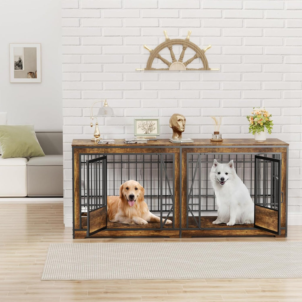 71 Inch Double Dog Crates Furniture for Large Dogs, Heavy Duty Dog Kennel Indoor with Adjustable Divider and 4 Bowls