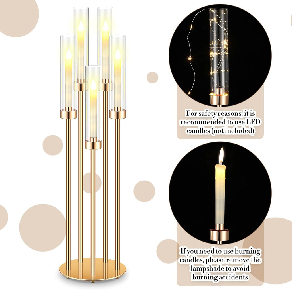 8 Pcs Acrylic Candelabra Centerpieces 35" Tall Clear Candle Holders Pillar Taper Candlestick with Lampshades 5 Arm