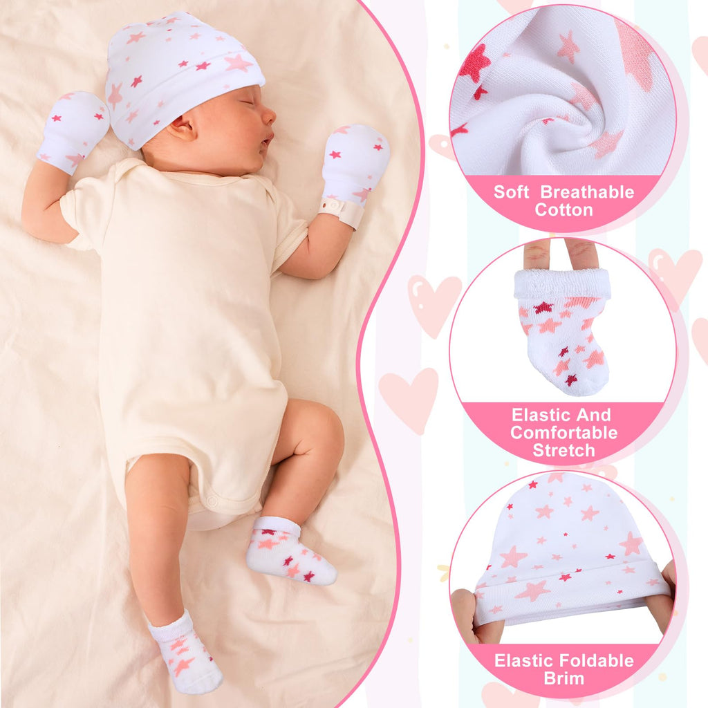 6Pack Preemie Newborn Hat Mitten Sock, Preemie, Cute, 2-color