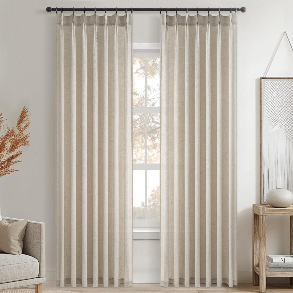Oatmeal Beige Pinch Pleated Curtains 84 Inches Long 2 Panels Sets, Stone Washed Linen Earth Tone Decor Back Tab Boho