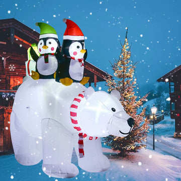 7FT Inflatable Christmas Polar Bear with Penguin and Gift, 5 Led Lights Xmas Holiday Blow Up Family Party Decoration