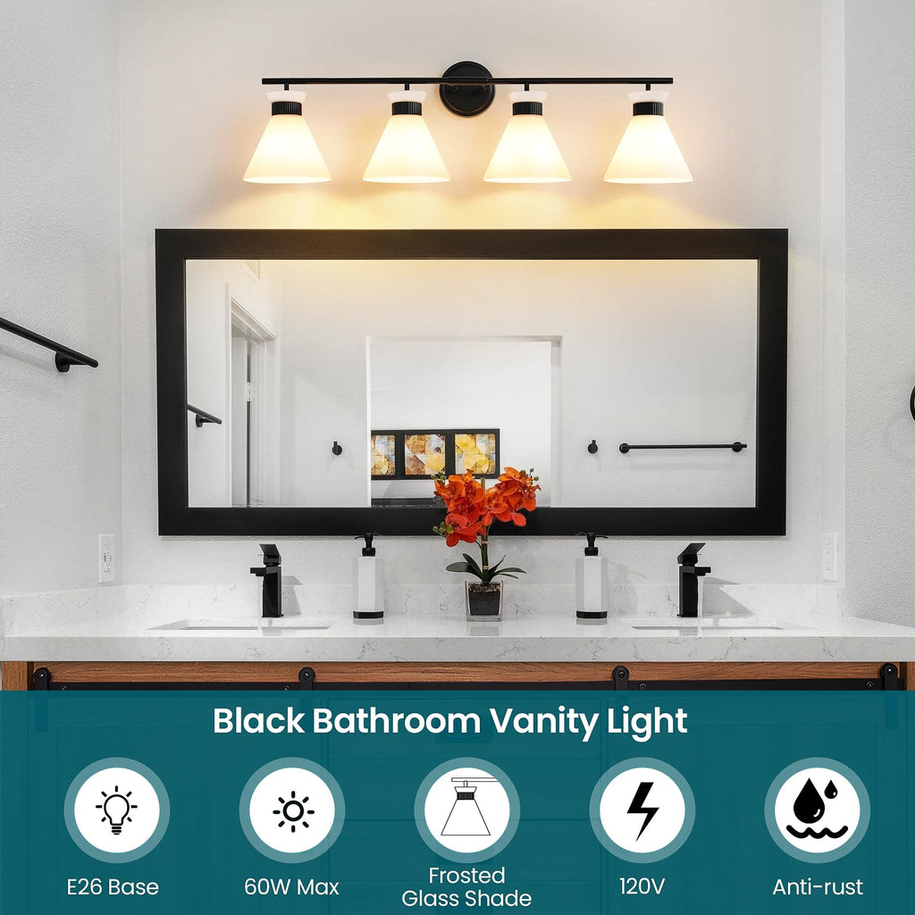 Black Bathroom Vanity Light Fixtures: Bathroom Lighting Fixtures over Mirror 36 inch with Milky White Frosted Glass