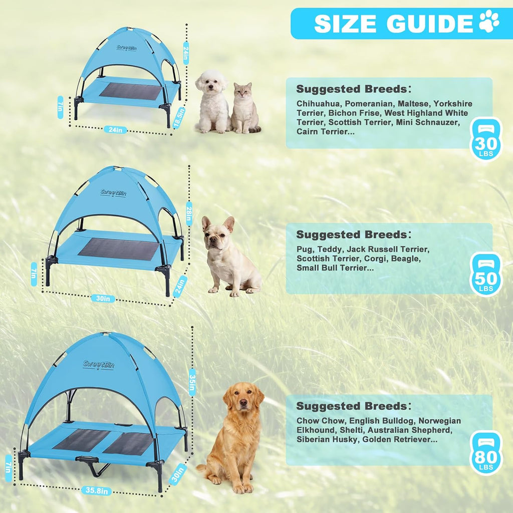 Outdoor Dog Bed with Canopy & Side Shade, Blue (Dogs Under 80 lbs)