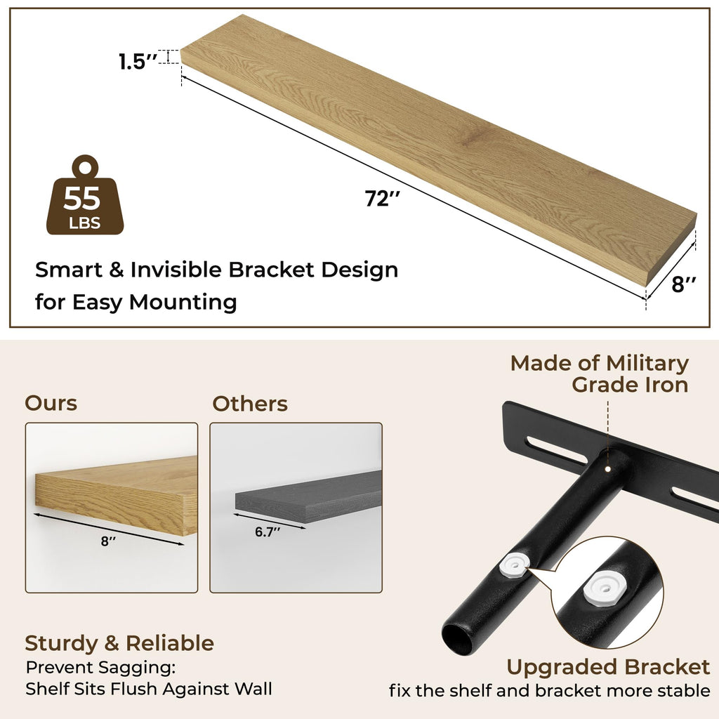 72Inch Floating Shelves for Wall 2Pack, Oak, 8" Deep