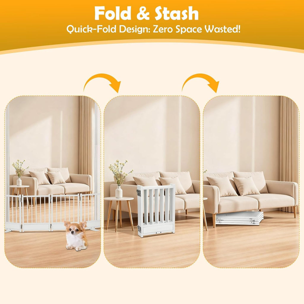 Freestanding Short Dog Gate, 16" Pet Gate Indoor with Support Feet Easily Step Over, 4 Panel Metal Wood Foldable Pet