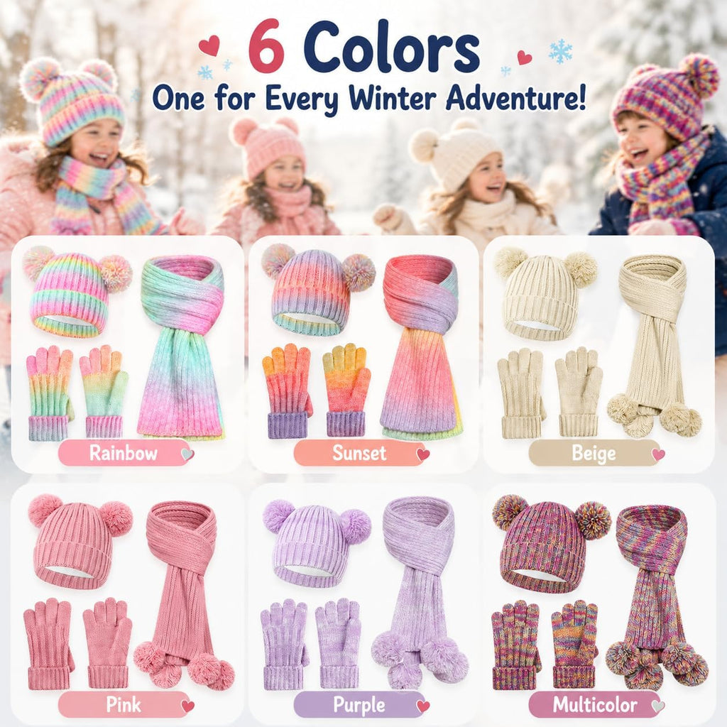 Kids Winter Hat Gloves Scarf Set, Double Pom Beanie Warmer Mittens Fleece Lined Piece Set for Boys Girls