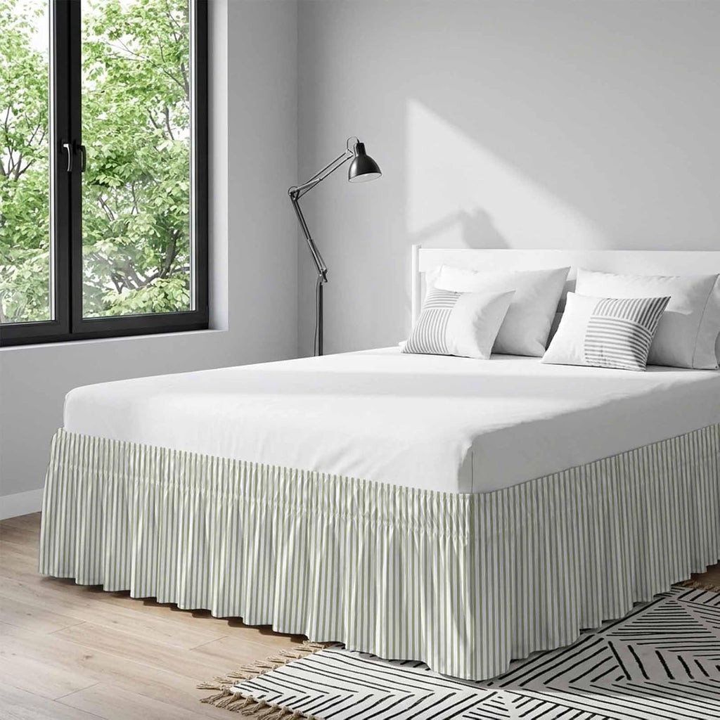 Sage Green Vertical Striped Bed Skirt King Size 16 Inch Drop, Adjustable & Elastic Wrap Around Bed Skirts Pleated