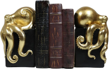 Contemporary Gold Color Octopus Light Duty Bookends Statue Set Nautical Coastal Resin Decorative Office Study-Room