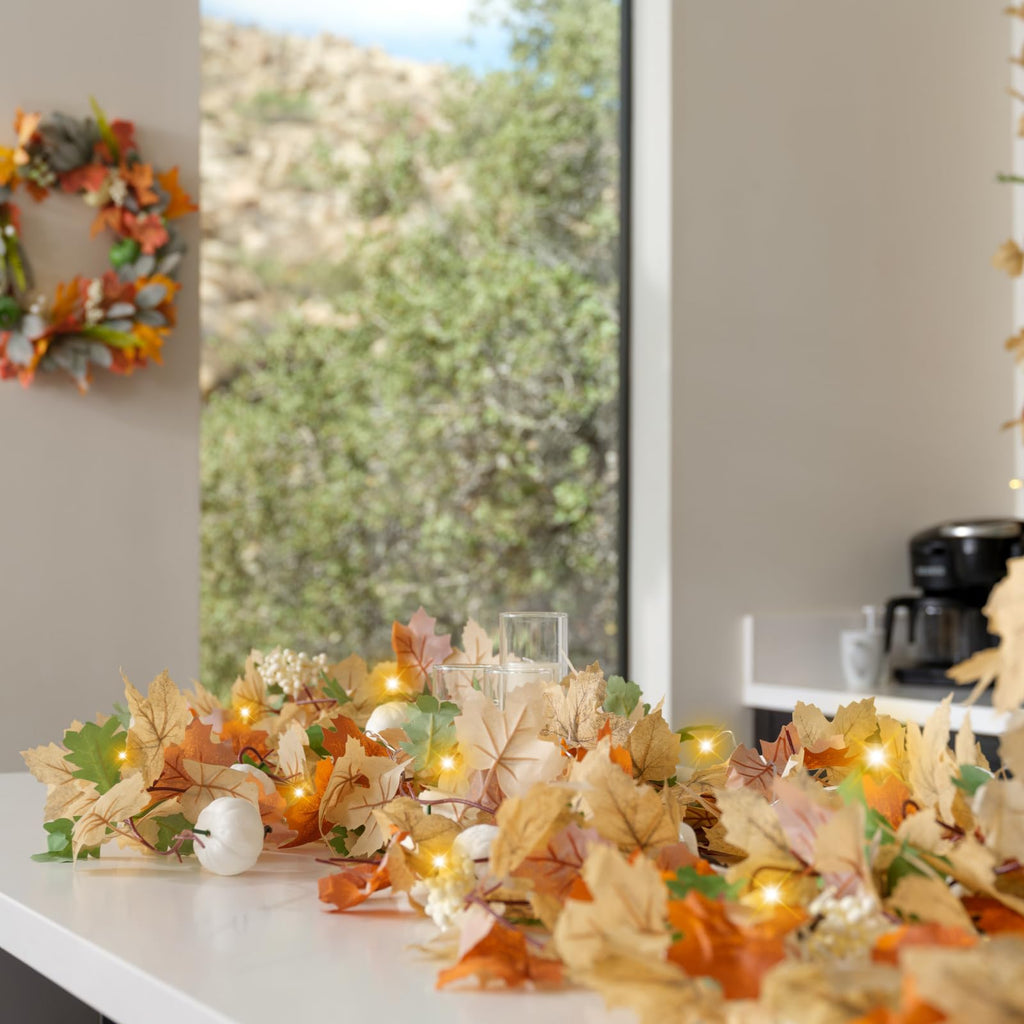 8 Pack Fall Leaf Garland with Lights, Total 47.2Ft Artificial Fall Maple Leaves Autumn Vines Garland with LED Lights