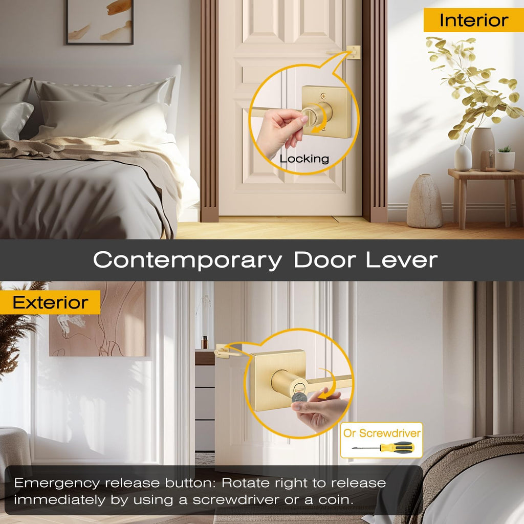 2 Pack Gold Door Knobs Interior, Satin Brass Privacy Door Lever
