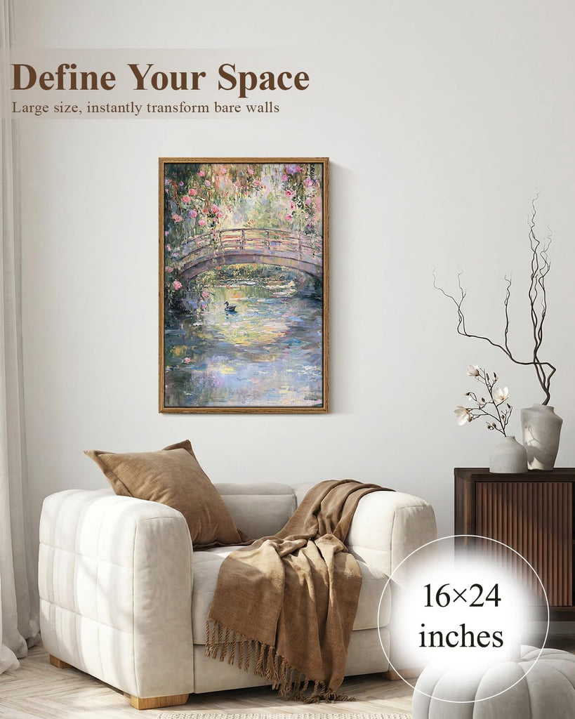 Large Landscape Wall Art, Monet Floral Framed Vintage Painting, 16×24 Inch